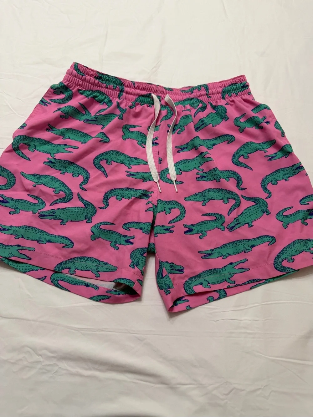 chubbies Pink Swim Trunks with Green Crocodile Print